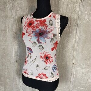Ruby Vintage 90s Floral Lace Trim Sleeveless‎ Tank Top Red Blue Mesh 90s Y2K USA